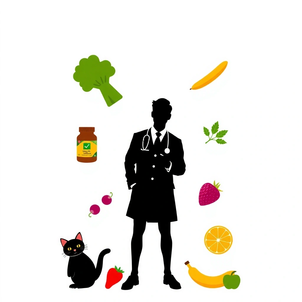 Siluetă abstractă a unui expert în nutriție cu simboluri de vitamine