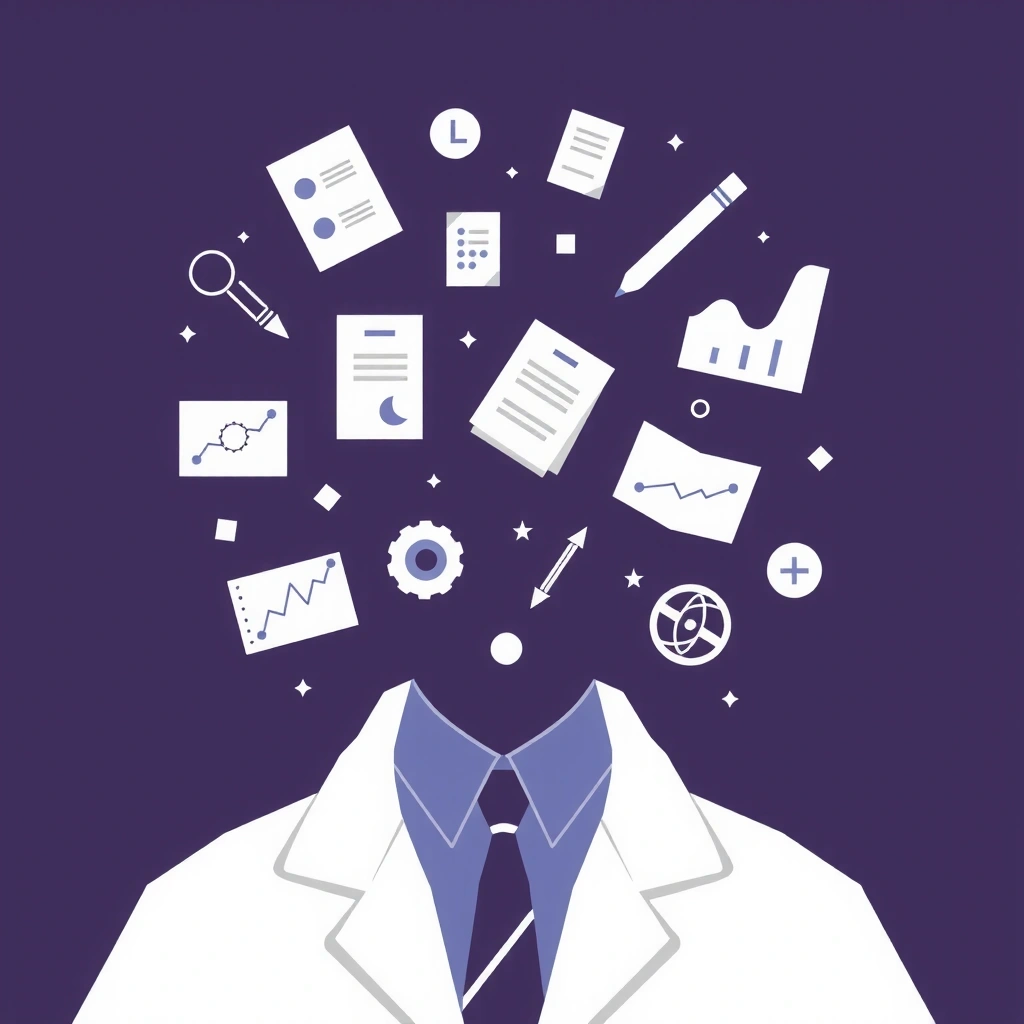 Siluetă abstractă a unui cercetător cu simboluri de date și analiză