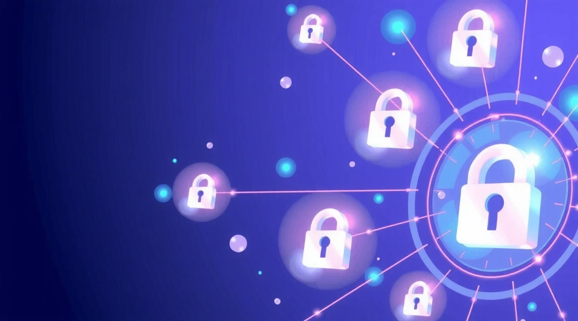 Ilustrație abstractă cu un scut de protecție a datelor și elemente de securitate cibernetică