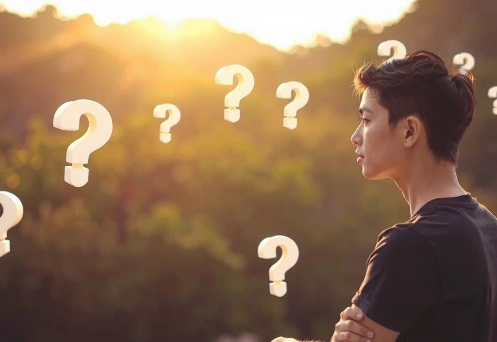 Persoană care se gândește la întrebări frecvente, cu simboluri de întrebare